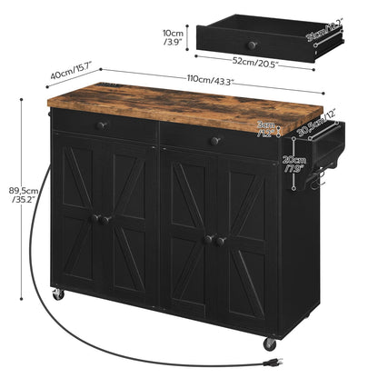 HOOBRO 43.3 Inch Kitchen Island with Charging Station, Rolling Kitchen Island with Storage, Kitchen Island Cart with Spice Rack and Hooks, for Kitchen, Living Room, Rustic Brown and Black BF1 - WoodArtSupply