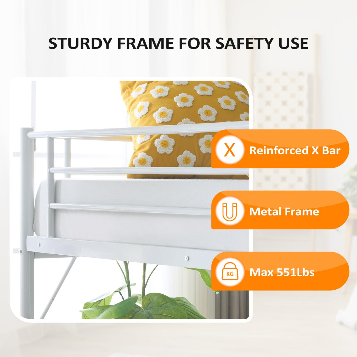 VINGLI Loft Bed Full Size with Flat Rungs for Adults, Kids and Young Teens, No Box Spring Required,Heavy Duty Metal Slat Support,White VINGLI