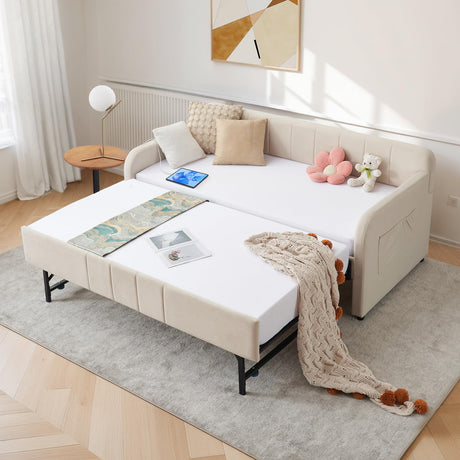 Twin Size Daybed with Pop Up Trundle Bed,Velvet Twin to King Size Day Bed Frame with USB Ports&Side Pockets,Extendable Upholstered Wooden Sofa Bed for Bedroom,Living Room,No Box Spring Needed,Beige JEEOHEY