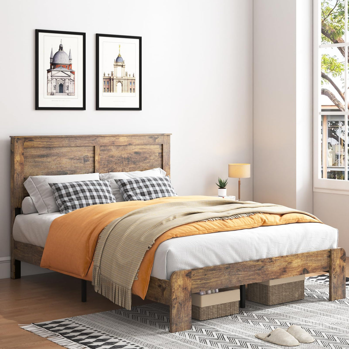 YHJIV Wood Full Bed Frame with Headboard, Rustic Platform Bed Frame with 12 Wood Slats Support, No Box Spring Needed (Vintage Brown, Full) YHJIV