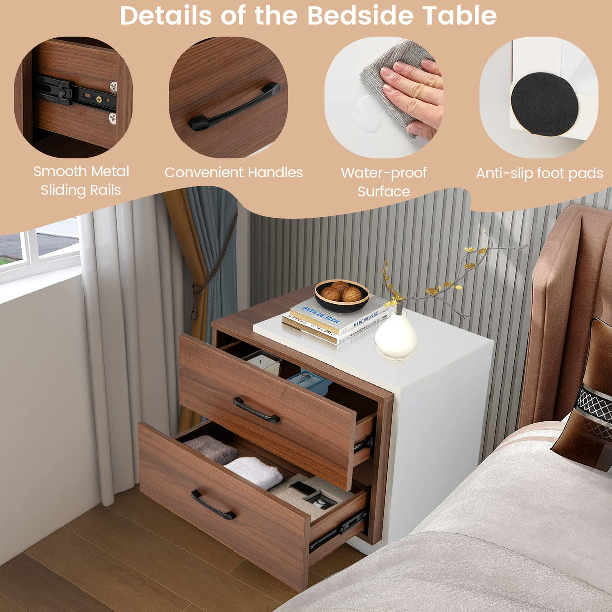 Giantex Modern Nightstand Set of 2 with 2 Drawers, Rustic Walnut Wood Grain Bedside Table with White L Shape Unique Design, Vertical Wooden End Table for Bedroom, Walnut & White (2) Giantex