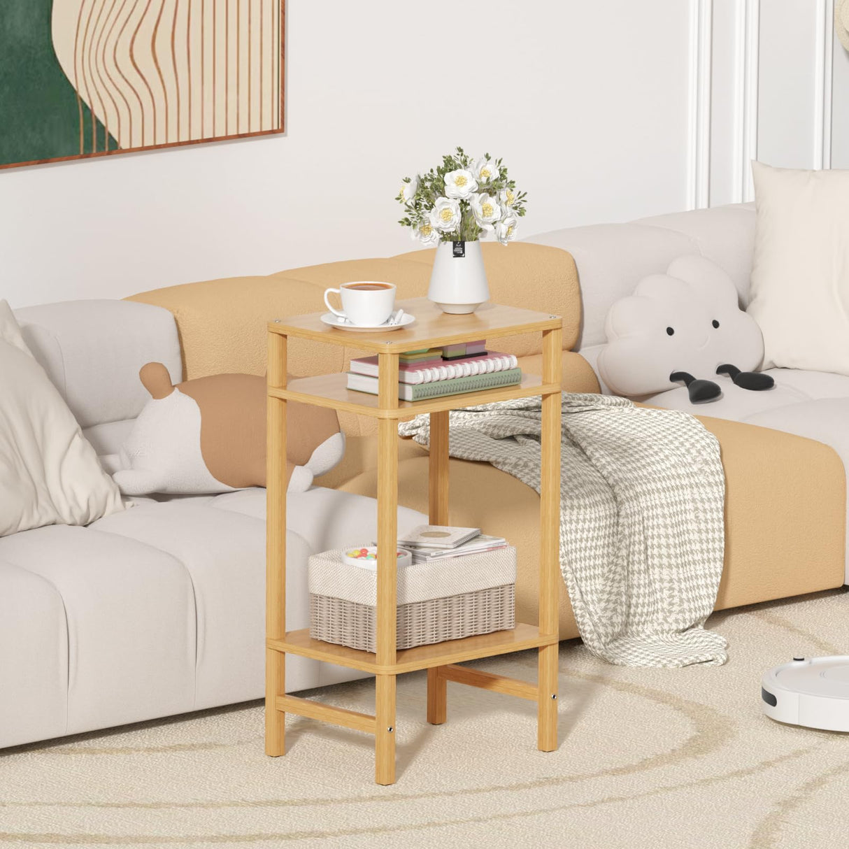 YUFAM 28in Tall Bamboo Side Table 3-Tier Small Narrow End Table, Skinny Nightstand for Small Space, Farmhouse Slim Night Stand with Storage for Couch, Wooden Thin Bedside Table, Natural YUFAM