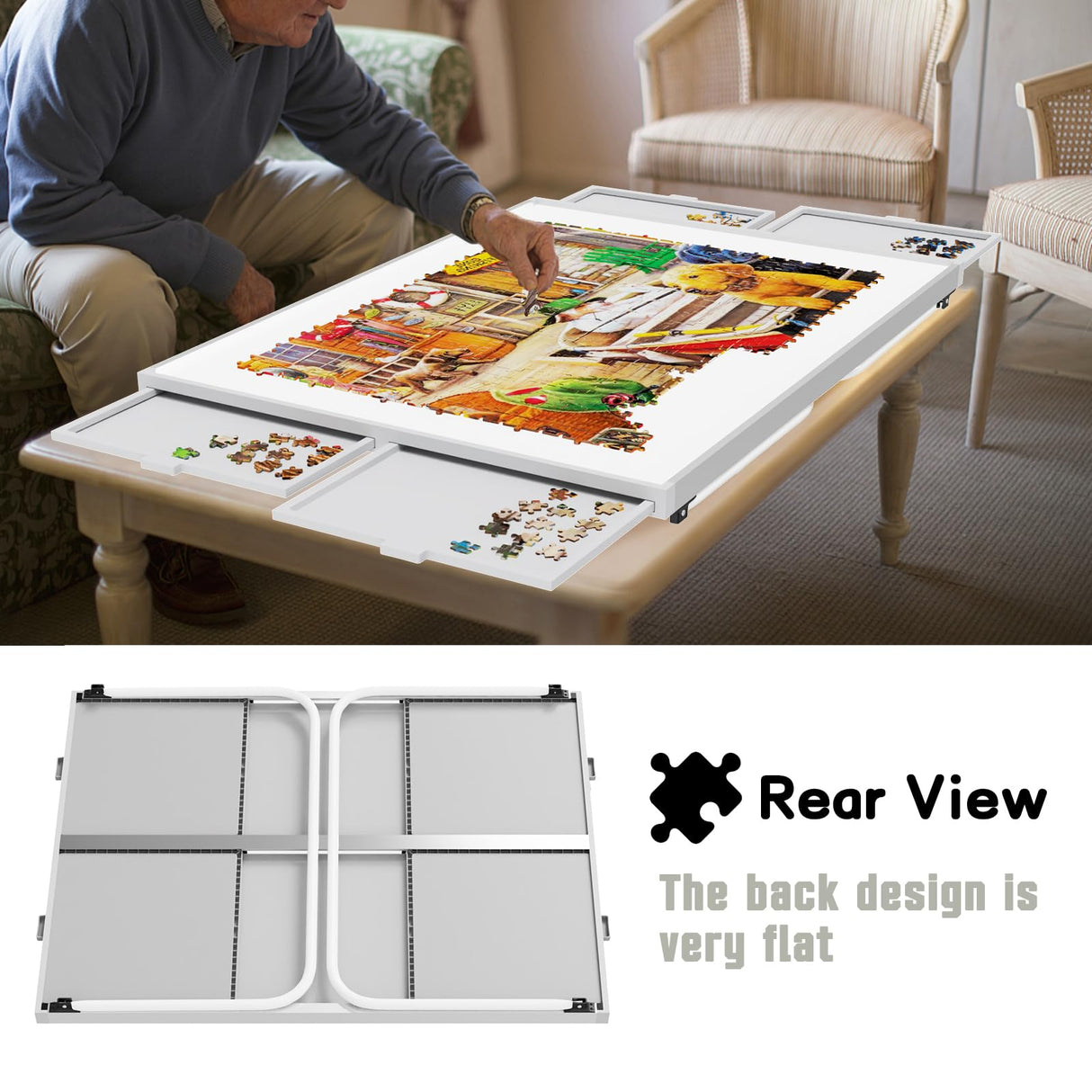 Puzzle Table 1500 Pieces,Jigsaw Puzzle Table Metal,Puzzle Table with Drawers,Puzzle Board with Legs,Grey and White Color,Puzzle Tables for Adults,Jigsaw Puzzle Board with Drawers Doerpuz