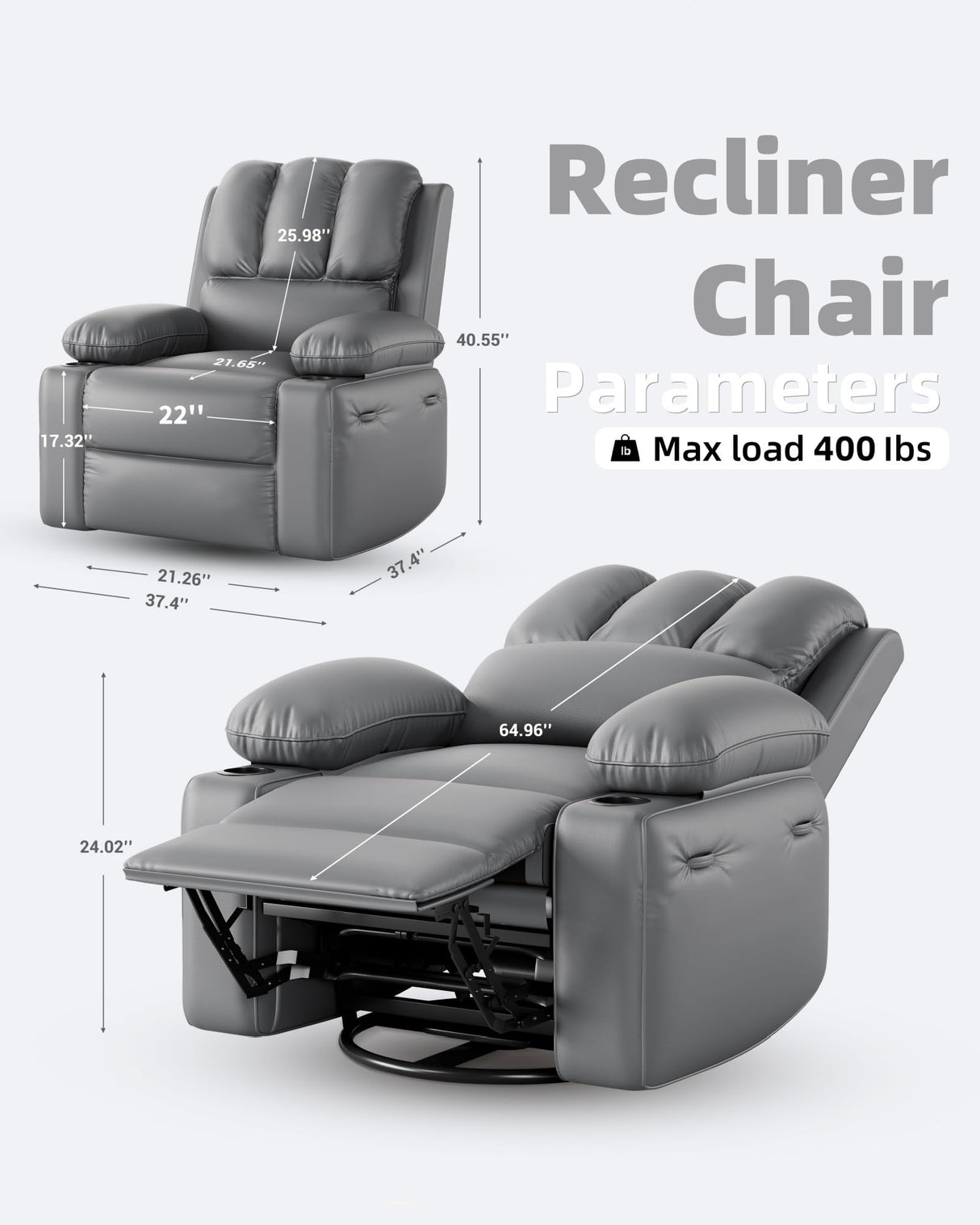 22 in Leather Recliner Chair for Adults, Overstuffed Manual Recliner Chair, Single Sofa with Cup Holder and Side Pockets, Upholstered Chair for Living Rooms, Gray GarveeHome