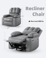 22 in Leather Recliner Chair for Adults, Overstuffed Manual Recliner Chair, Single Sofa with Cup Holder and Side Pockets, Upholstered Chair for Living Rooms, Gray GarveeHome