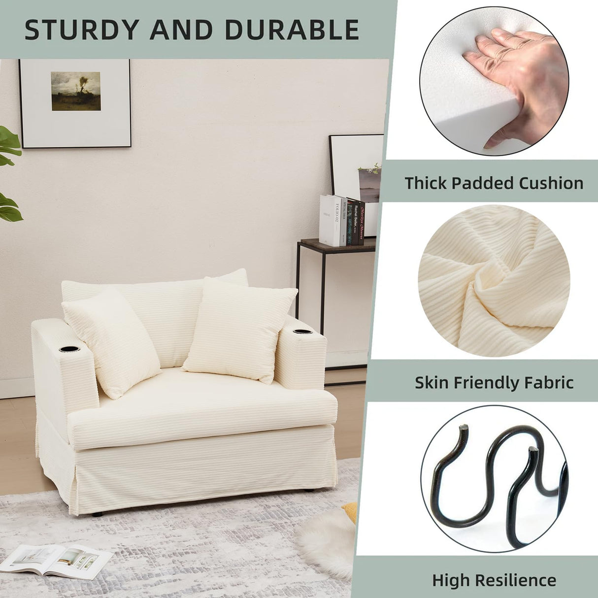 ASAHREE 47'' Mid Century Oversized Reading Armchair Sofa, Corduroy 2 Seater Upholstered Loveseat Couch with 2 Cup Holder, Comfy Modern Accent Chair for Bedroom, Living Room (Corduroy Cream White) ASAHREE