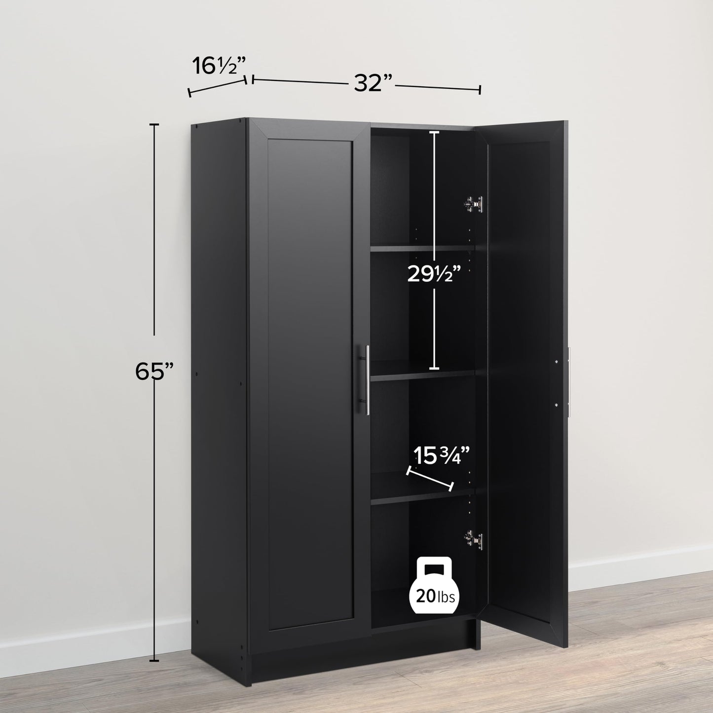 Prepac Elite Storage Accent Cabinet with Panel Doors, Black Storage Cabinet, Bathroom Cabinet, Pantry Cabinet with 3 Shelves 16.5" D x 32" W x 65" H, BSCR-1001-1