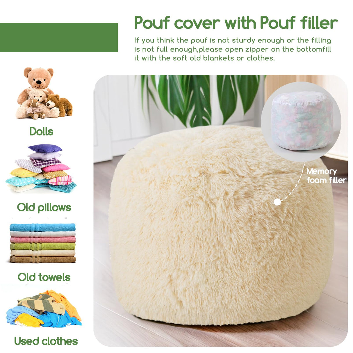 HIGOGOGO Round Stuffed Pouf Ottoman, Long Faux Fur Poufs with Foam Chunk Filling, Fluffy and Furry Pouf Foot Stool Storage Ottoman, 26 X 18 Floor Poufs Foot Rest for Living Room, White HIGOGOGO
