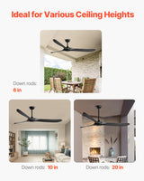 VEVOR 72 Inch Ceiling Fan without Light, 6-Speed Remote Control, 3-Wood-Blade, Reversible DC Motor, Modern Low Profile Flush Mount Exterior Fan for Bedroom, Living Room, Patio, Indoor/Outdoor, Black VEVOR