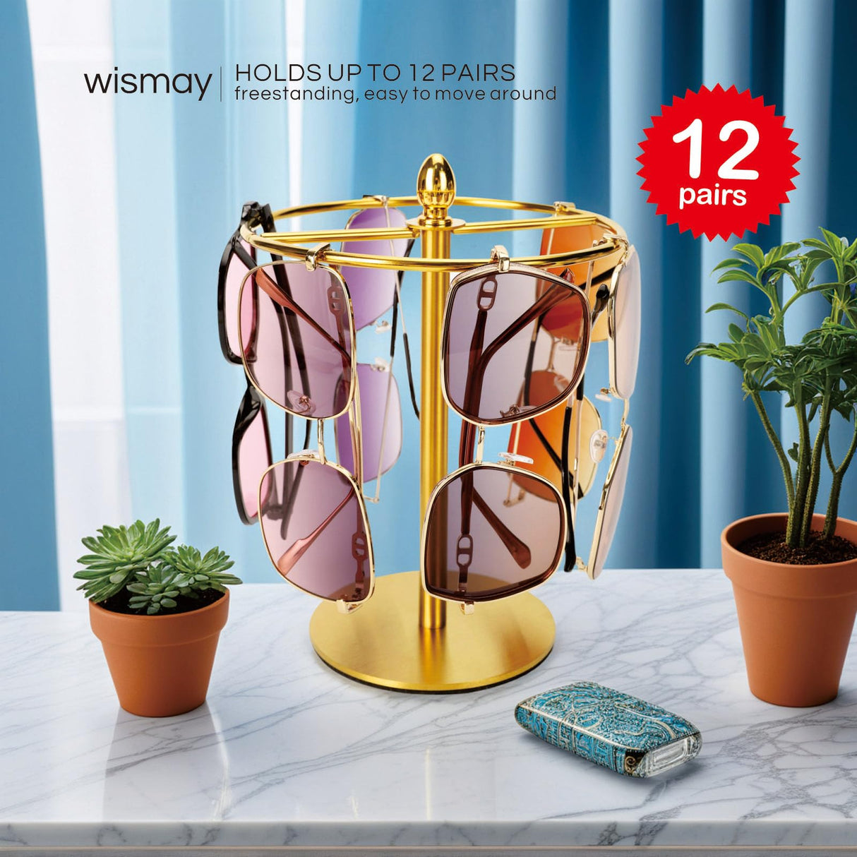 Sunglasses Organizer Display Stand, Eyeglass Holder Rack for 12 Pairs of Glasses, Stainless Steel (Gold) Wismay