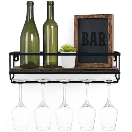 Mkono Wall Mounted Wine Rack - Bottle & Glass Holder Wood Rustic Floating Racks with Stemware Hanger Modern Plants Photos Wine Bottles Display Wall Storage Shelf for Kitchen Dining Room Home Bar Mkono