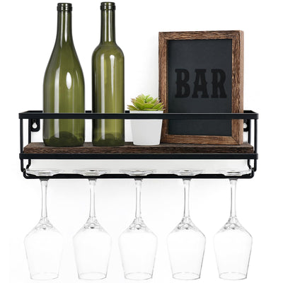 Mkono Wall Mounted Wine Rack - Bottle & Glass Holder Wood Rustic Floating Racks with Stemware Hanger Modern Plants Photos Wine Bottles Display Wall Storage Shelf for Kitchen Dining Room Home Bar