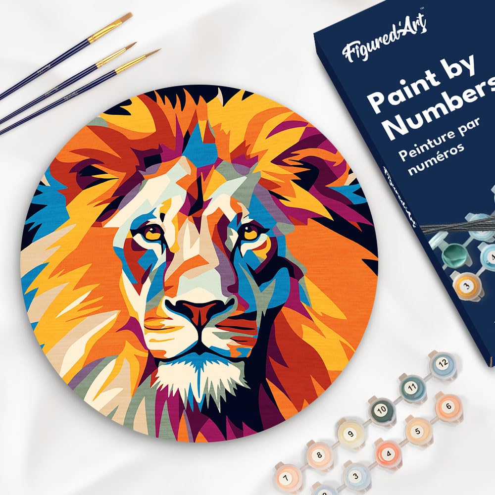Figured'Art Paint by Numbers Kit for Adults on Wood Slice, 11.8in Diameter - Lion - Craft Art Painting DIY Canvas Figured'Art