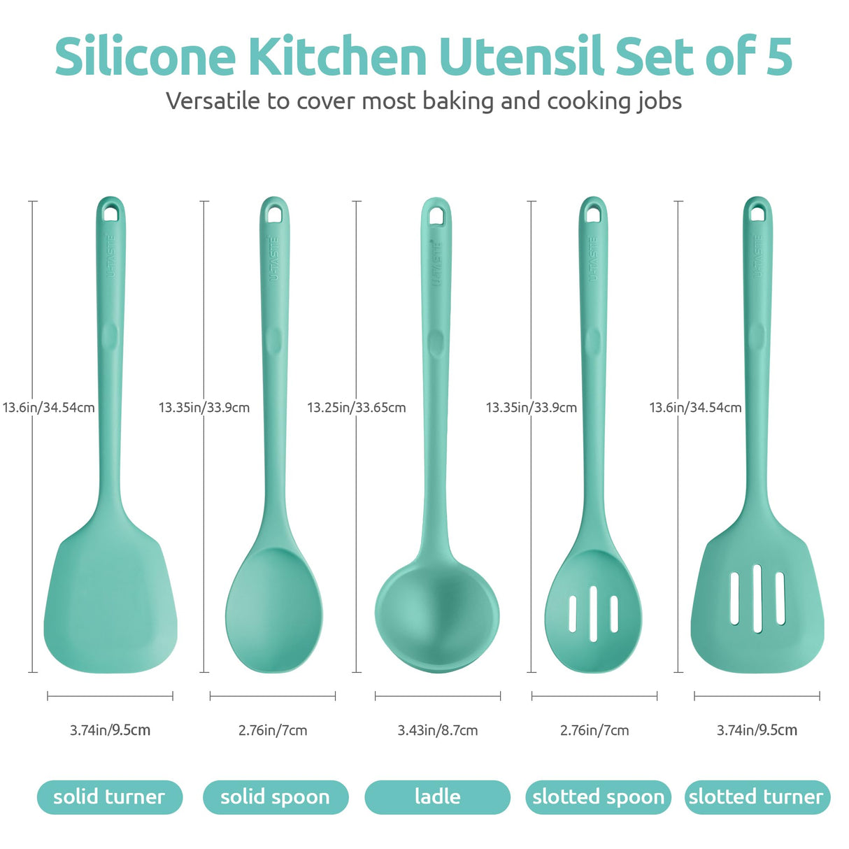 600ºF Heat Resistant Kitchen Utensil: U-Taste 13.6" Extra Long Silicone Cooking Tools Set, Food-Grade Non-Stick Solid and Slotted Turner Spatula, Mixing Spoon, and Soup Ladle (5 Pieces, Aqua Sky) U-Taste