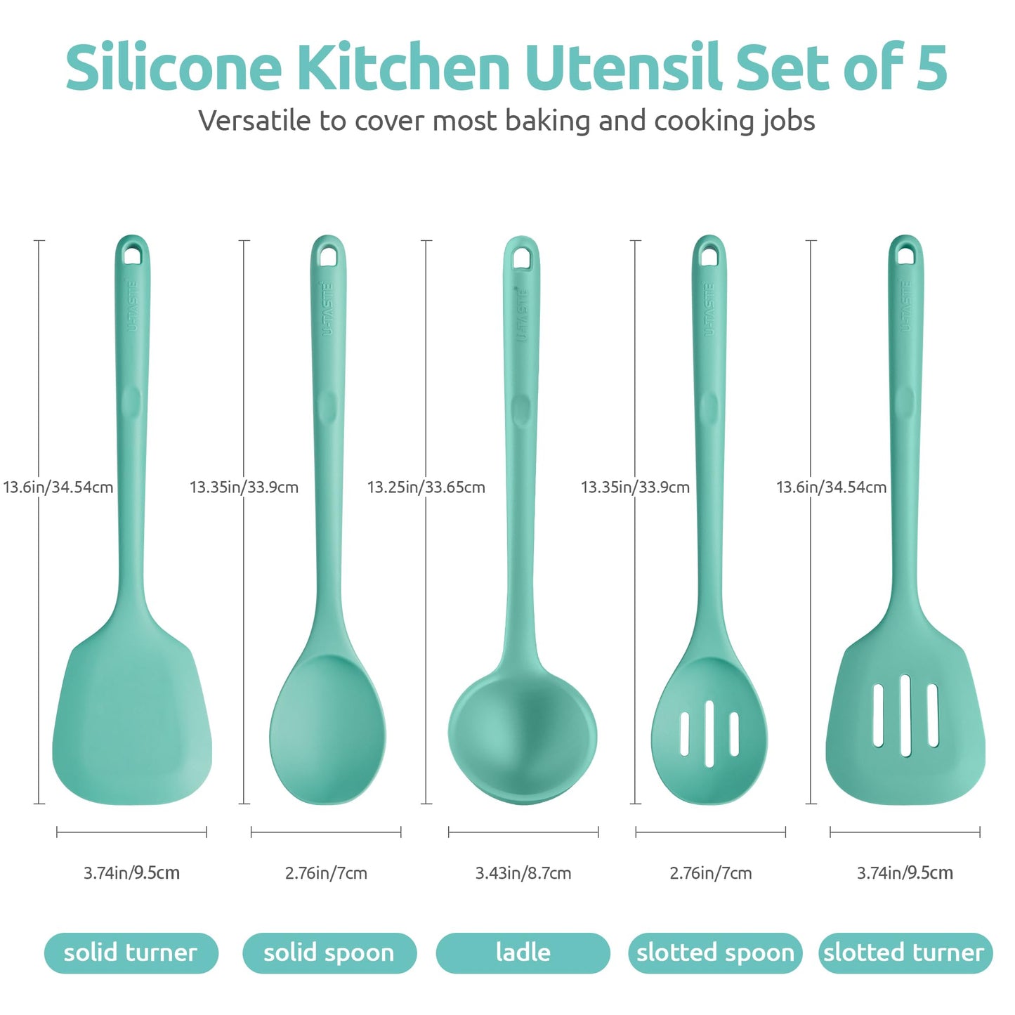 600ºF Heat Resistant Kitchen Utensil: U-Taste 13.6" Extra Long Silicone Cooking Tools Set, Food-Grade Non-Stick Solid and Slotted Turner Spatula, Mixing Spoon, and Soup Ladle (5 Pieces, Aqua Sky)