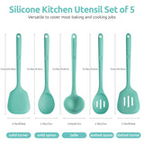 600ºF Heat Resistant Kitchen Utensil: U-Taste 13.6" Extra Long Silicone Cooking Tools Set, Food-Grade Non-Stick Solid and Slotted Turner Spatula, Mixing Spoon, and Soup Ladle (5 Pieces, Aqua Sky) U-Taste