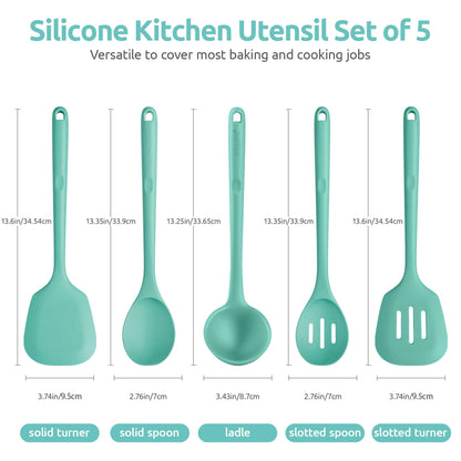 600ºF Heat Resistant Kitchen Utensil: U-Taste 13.6" Extra Long Silicone Cooking Tools Set, Food-Grade Non-Stick Solid and Slotted Turner Spatula, Mixing Spoon, and Soup Ladle (5 Pieces, Aqua Sky)