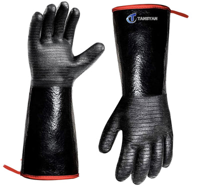 TANSYAN BBQ Gloves, 932°F Extreme Heat Resistant Gloves for Grill BBQ, Waterproof Long Sleeve Pit Grill Gloves for Fryer, Baking, Oven,Smoker,Fireproof, Oil Resistant Neoprene Coating（14-Inch ）