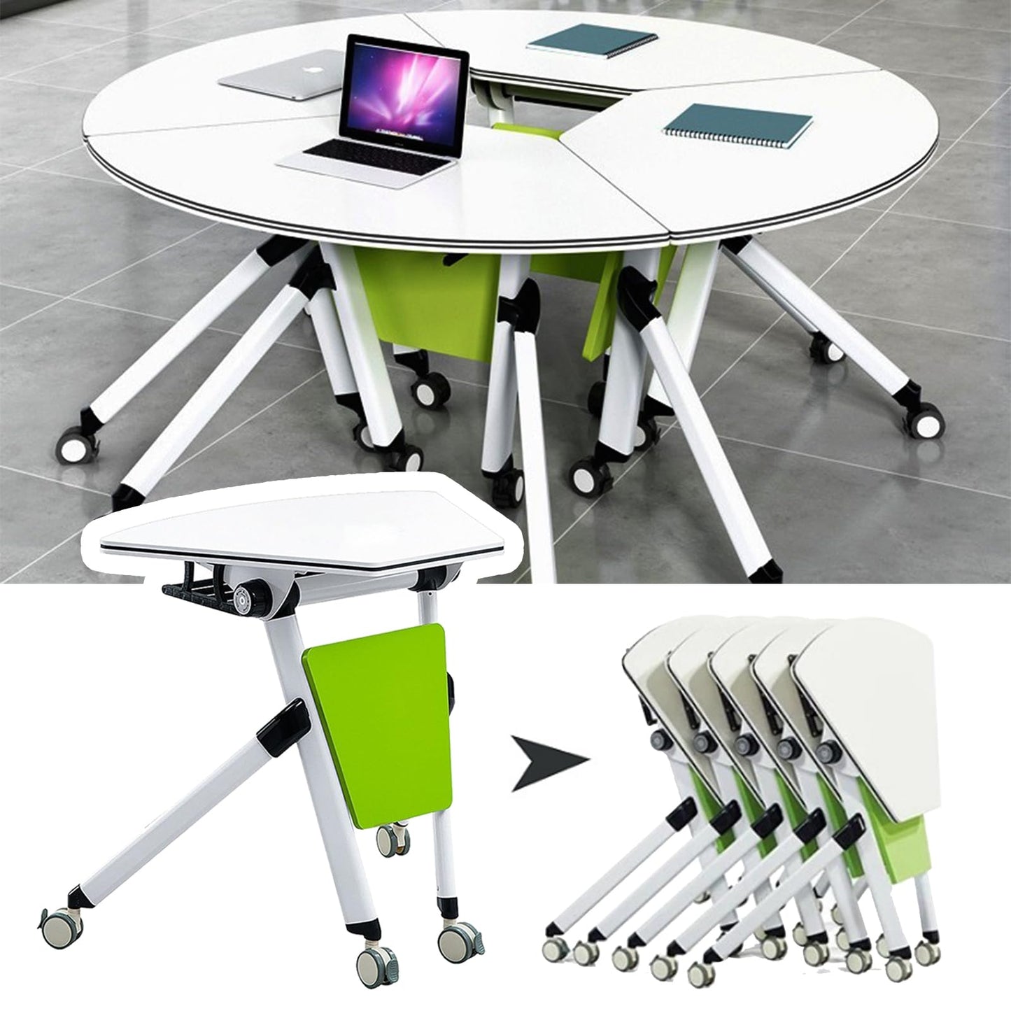 Folding Conference Table 6PCS, Modern Sector Shape Conference Room Table, Flip Top Mobile Training Table, Mobile Conference Tables with Silent Wheels, Meeting Room Table for Office Training - WoodArtSupply