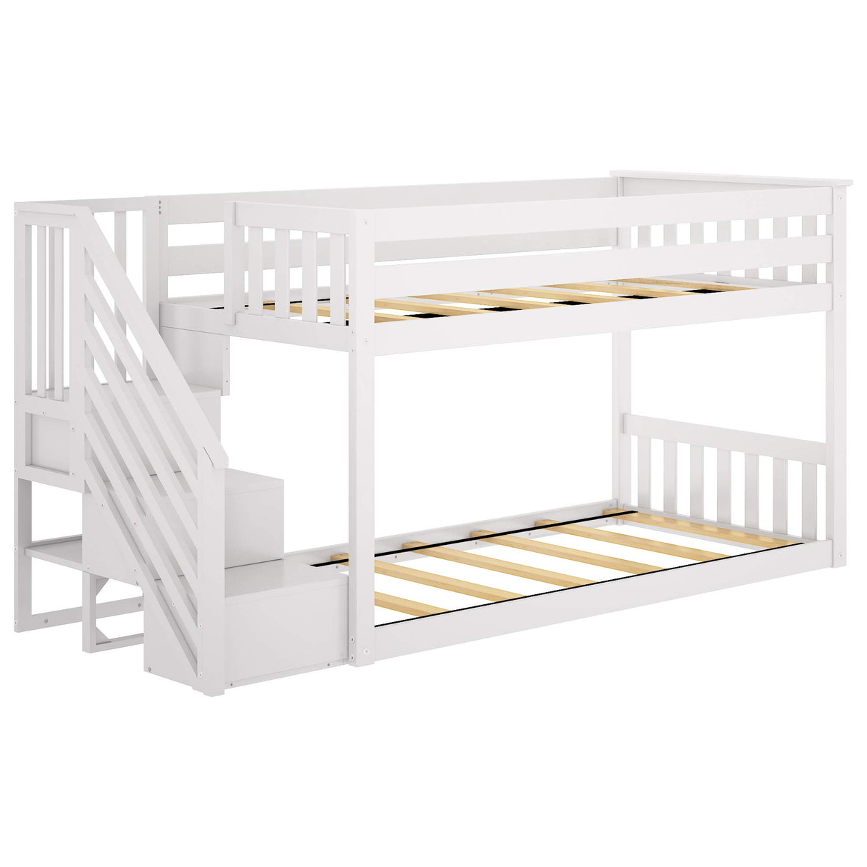 Max & Lily Low Bunk Bed, Twin-Over-Twin Bed Frame For Kids With Stairs, White Max & Lily