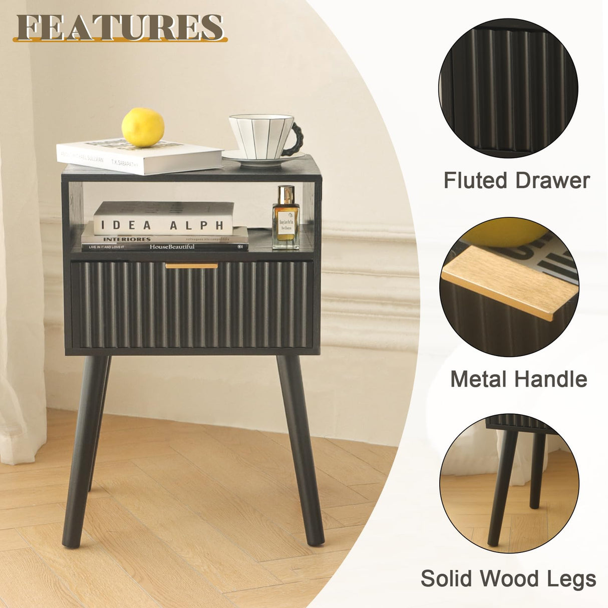 Fultyle Black Nightstand with Charging Station, Mid Cetury Modern Nightstand with Drawers, Fluted End Side Table Living Room for Bedroom and Small Space with Solid Wood (Black) Fultyle