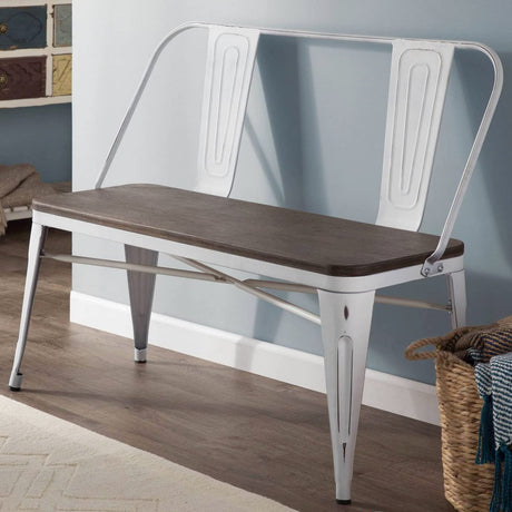 YOLENY Dining Bench, Entryway Bench with Back, Farmhouse Metal Dining Bench, Industrial Mid-Century 3 Person Rustic Spindle Bench, with Wood Seat, Removable Backrest, 42in, White YOLENY