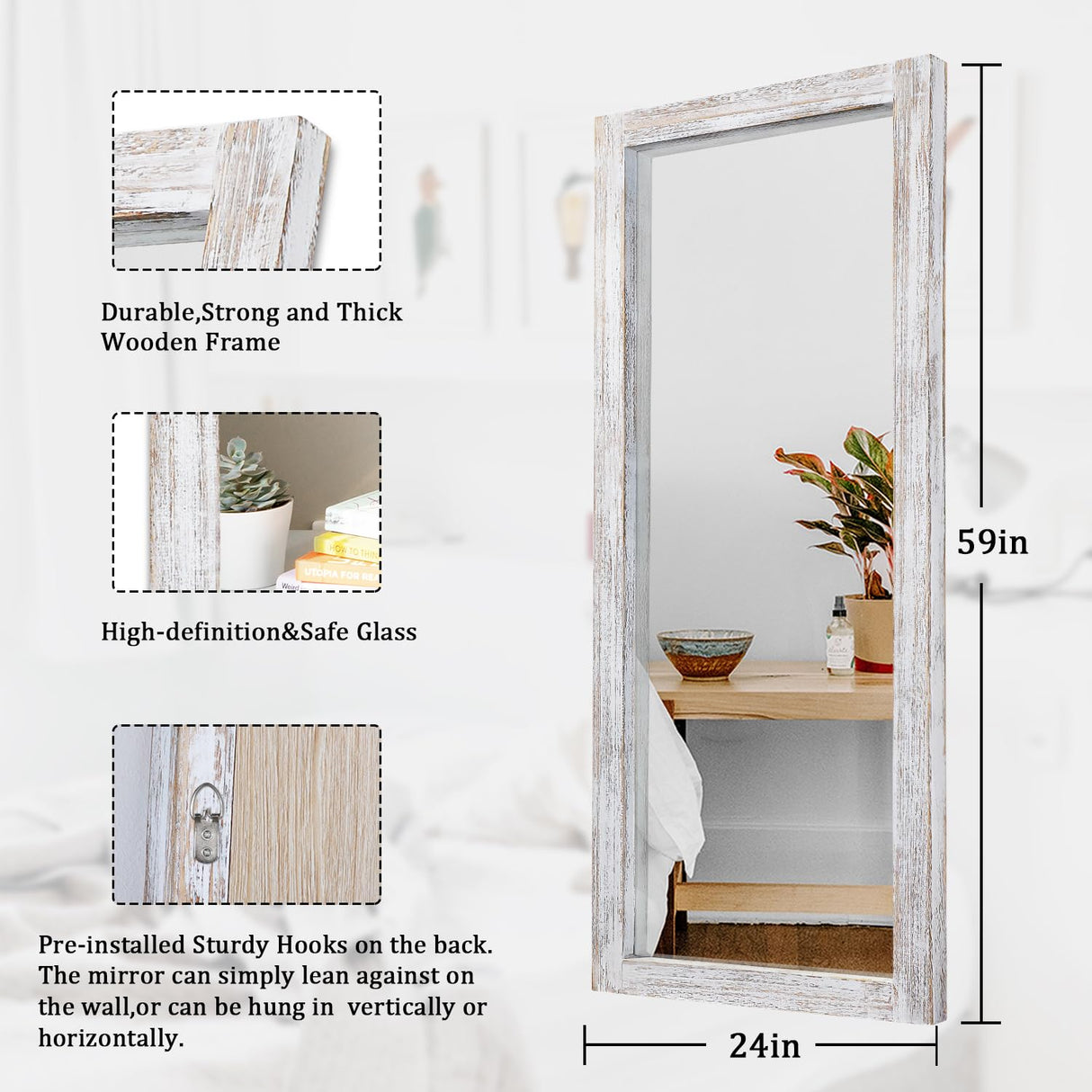 AAZZKANG Wall Mirror Full Length Rustic Wood Framed Floor Mirror 59"x24" Rectangle Large Full Body Mirror for Bedroom Living Room Entryway Dressing Room White AAZZKANG