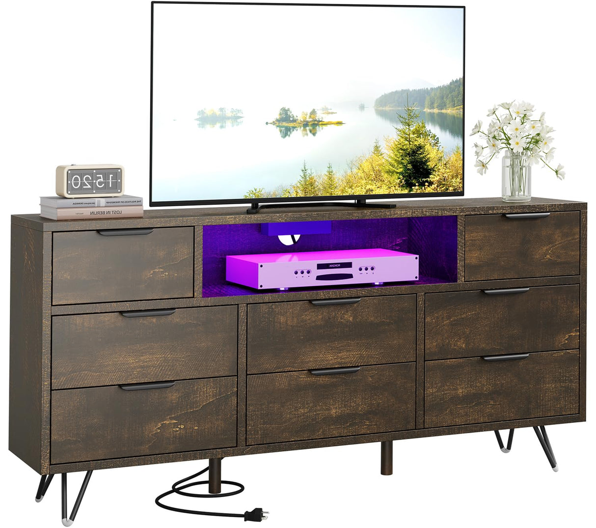 TV Cabinet with Storage LED Lights,Power Outlets,Dresser with 8 Drawers Open Shelf,TV Stand for 32/45/55/65 Inches,Metal Frame & Wood Top Storage Cabinet for Bedroom,Living Room,Hallway Takywep
