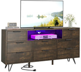 TV Cabinet with Storage LED Lights,Power Outlets,Dresser with 8 Drawers Open Shelf,TV Stand for 32/45/55/65 Inches,Metal Frame & Wood Top Storage Cabinet for Bedroom,Living Room,Hallway Takywep