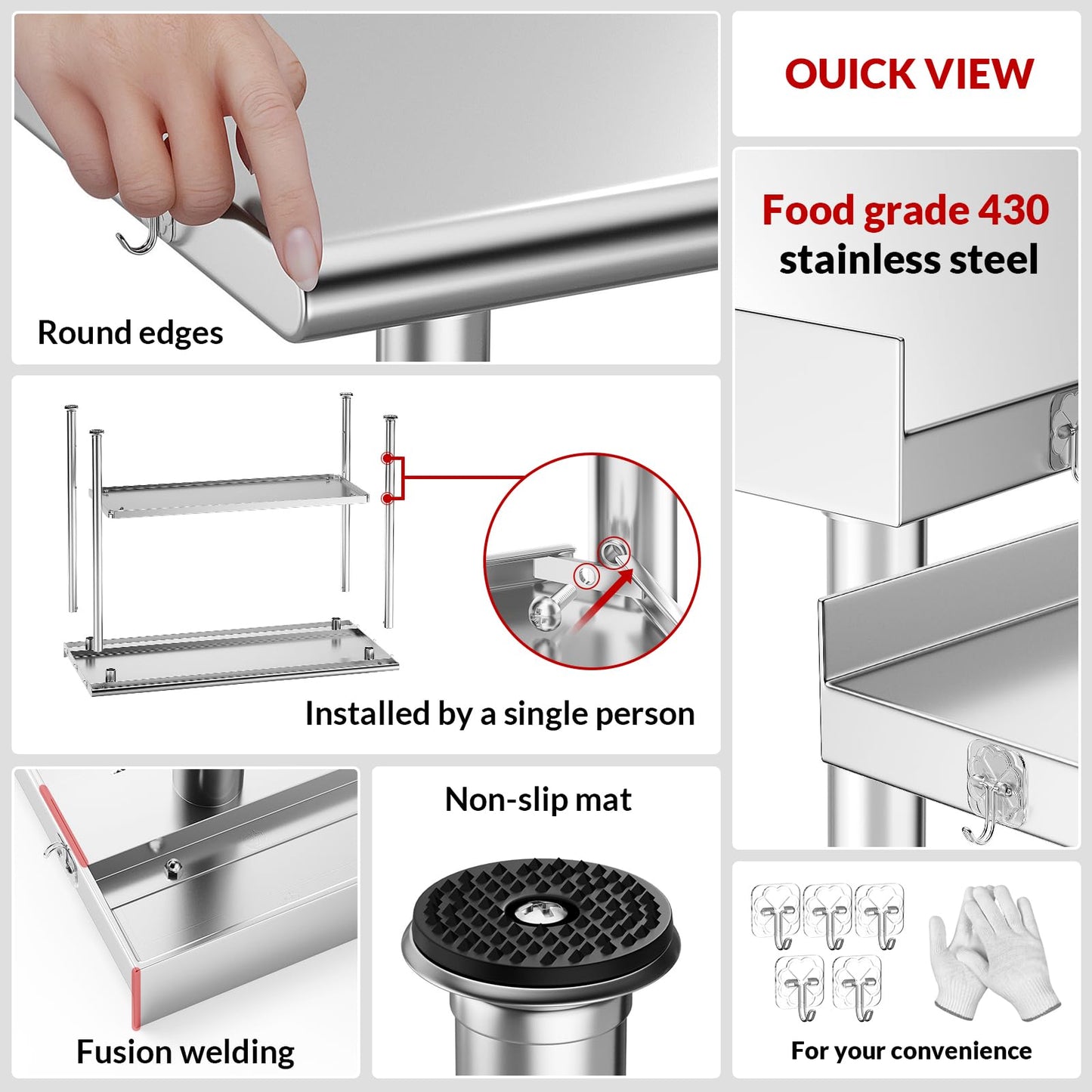 Atelicf Stainless Steel Table for Work, 24 * 48 Inch, High Load Bearing with Undershelf and Backsplash for Outdoor, Restaurants, Hotels, Workshops, Kitchens, Garages and Gardens