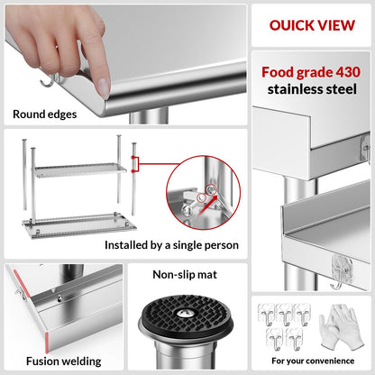 Atelicf Stainless Steel Table for Work, 24 * 48 Inch, High Load Bearing with Undershelf and Backsplash for Outdoor, Restaurants, Hotels, Workshops, Kitchens, Garages and Gardens