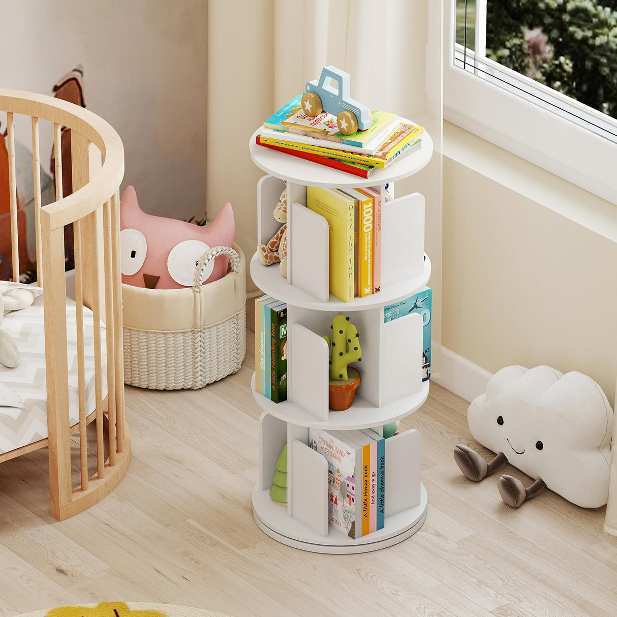 Giantex 3-Tier Rotating Bookshelf, 360° Display Rack w/Dividers & Anti-Falling Baffles, Multifunctional Narrow Floor Standing Bookcase, Book Storage Organizer for Living Room Bedroom, White Giantex