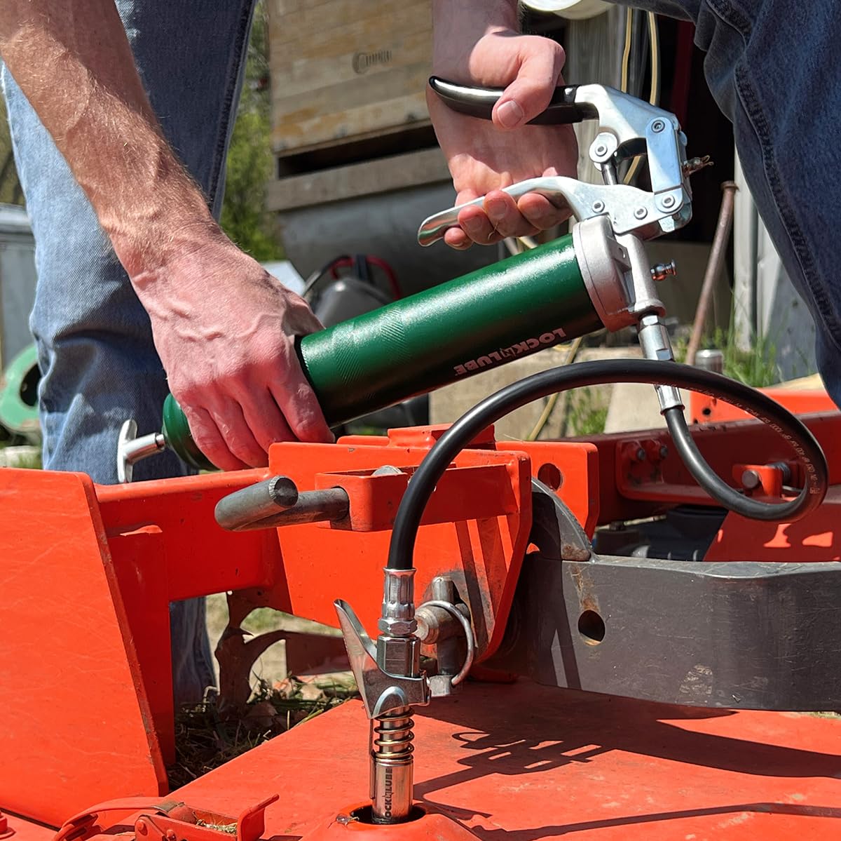 LockNLube Heavy-Duty Pistol Grip Grease Gun. Includes our patented LockNLube® Grease Coupler (Locks On, Stays On, Won't Leak!) plus a high-quality 20" hose and in-line hose swivel - WoodArtSupply