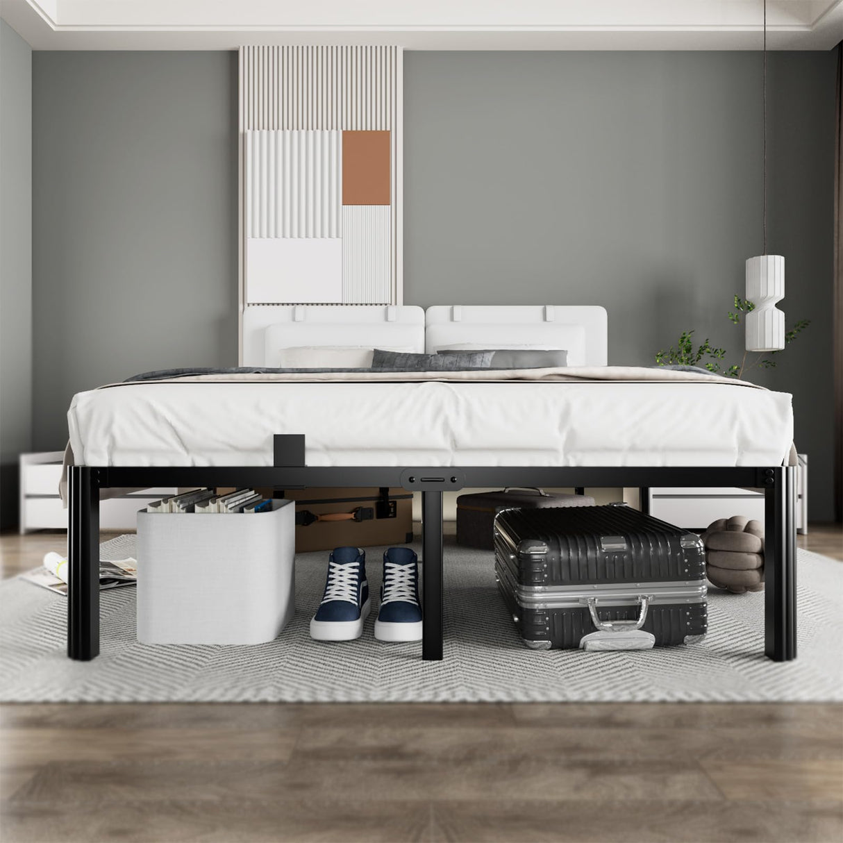 hiyuehome 14 inch King Size Bed Frame Metal Platform No Box Spring Needed with Headboard Hole Round Corner Legs Mattress Stoppers Retainers 3500LBS Queen Bed Frames Heavy Duty Steel Slats Noise-Free hiyuehome