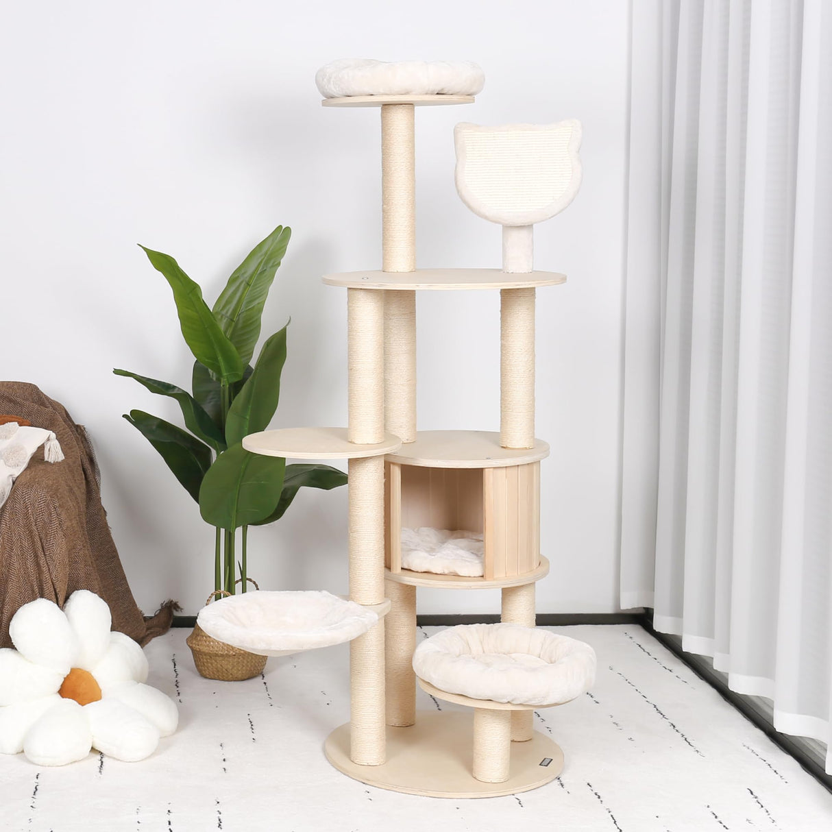 KAMABOKO 64" Tall Cat Tree - Wooden Cat Tree Tower with Cat Condo, Hammock & Top Perch, Modern Tall Cat Tree w/Natural Sisal Posts for Climb Scratch Play Rest KAMABOKO