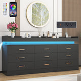 9 Drawer Dresser with LED Light and Charging Station, 63" Modern Chest of Drawers for Closet, Wide Drawer Organizer Cabinet for Bedroom, Living Room, Entryway, Hallway, Black Hlivelood