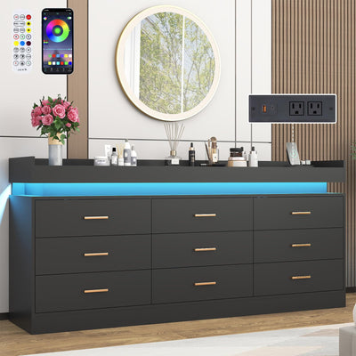 9 Drawer Dresser with LED Light and Charging Station, 63" Modern Chest of Drawers for Closet, Wide Drawer Organizer Cabinet for Bedroom, Living Room, Entryway, Hallway, Black