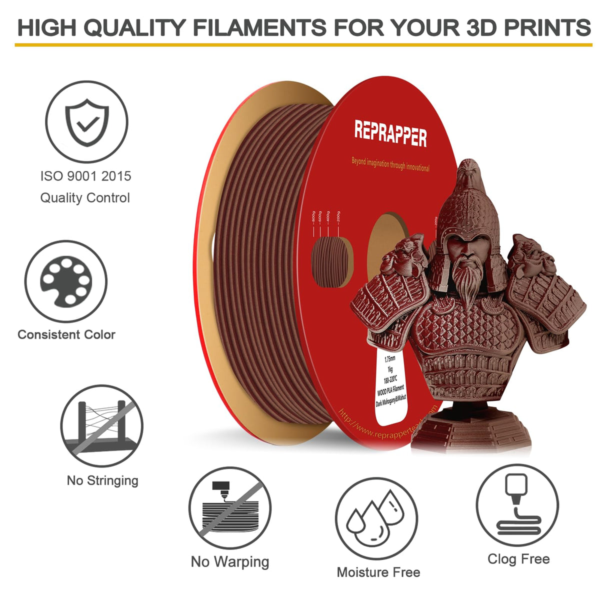 Reprapper Wood PLA, Wood Dual Color PLA Filament 1.75mm, 3D Printer Filament with Real Wood Fiber, Dark Mahogany/Walnut, 1000g RepRapper