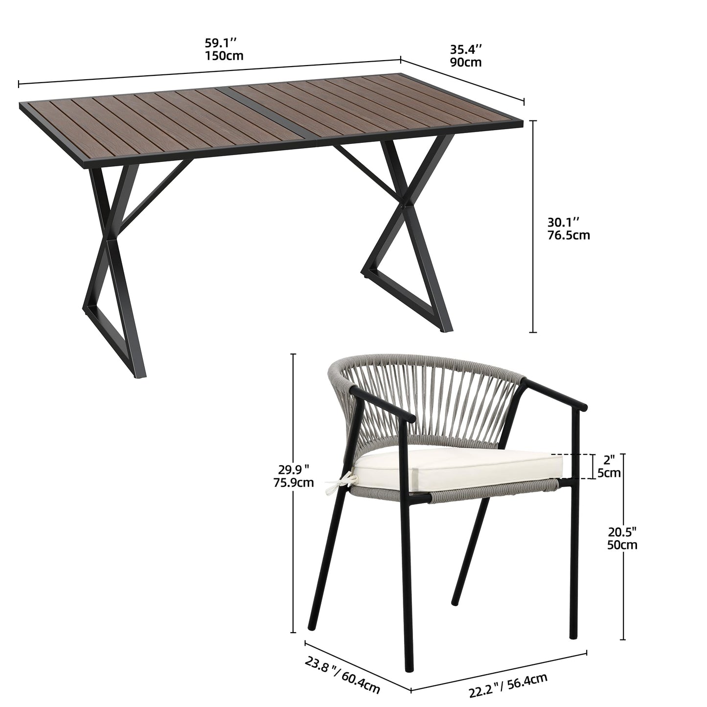 YITAHOME 5 Piece Patio Dining Set, Stackable Chairs with Comfortable Cushions, 59" Rectangle Tables with Metal Frame and Faux Wood Tabletop for Patio Balcony Porch Poolside Lawn Garden, Brown - WoodArtSupply