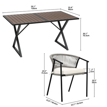 YITAHOME 5 Piece Patio Dining Set, Stackable Chairs with Comfortable Cushions, 59" Rectangle Tables with Metal Frame and Faux Wood Tabletop for Patio Balcony Porch Poolside Lawn Garden, Brown - WoodArtSupply