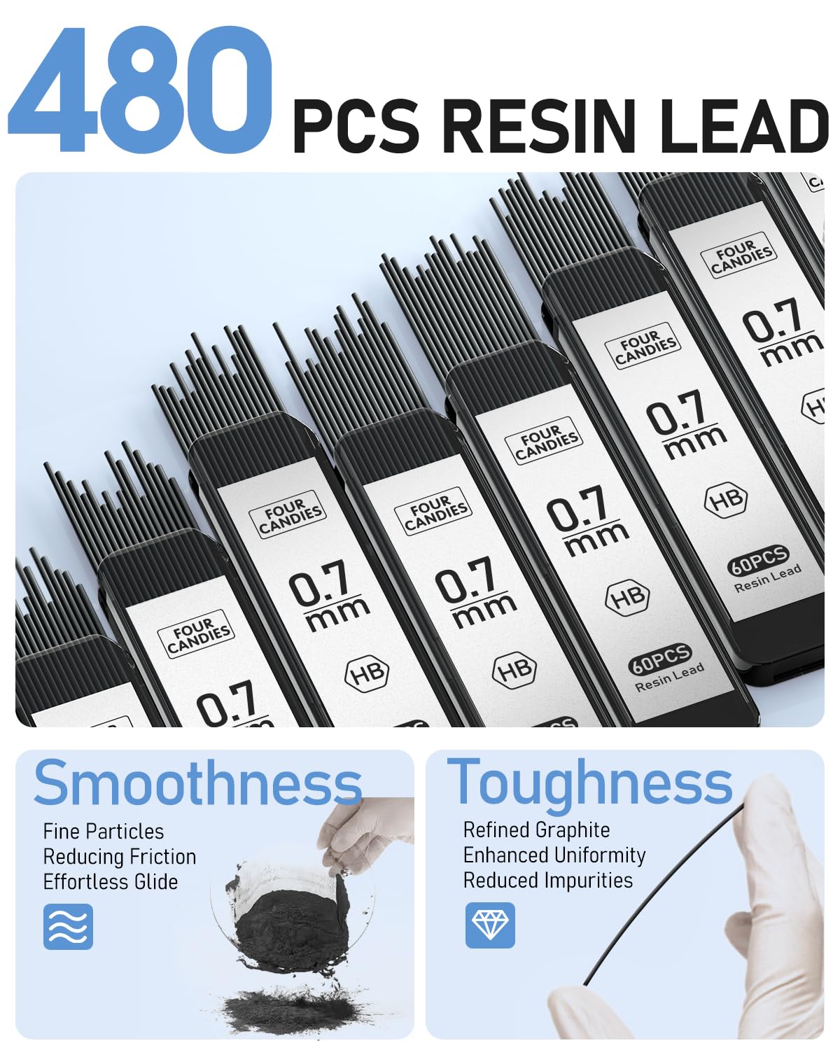 Four Candies 0.7mm Mechanical Pencil Set with Case - 4PCS Metal Mechanical Pencils, 8 Tubes HB #2 Lead Refills, 3PCS 4B Erasers and 9PCS Eraser Refills, Lead Mechanical Pencils for Writing & Drawing Four Candies