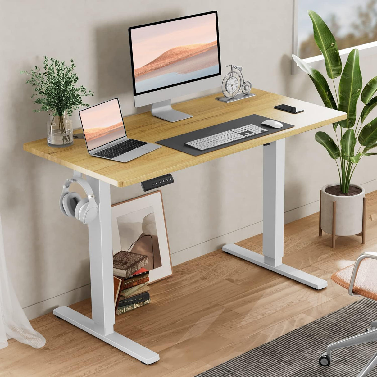 SMUG Standing Desk, Adjustable Height Electric Sit Stand Up Down Computer Table, 48x24 Inch Ergonomic Rising Modern Lift Motorized Gaming Desktop Workstation for Work Home Office, Natural SMUG
