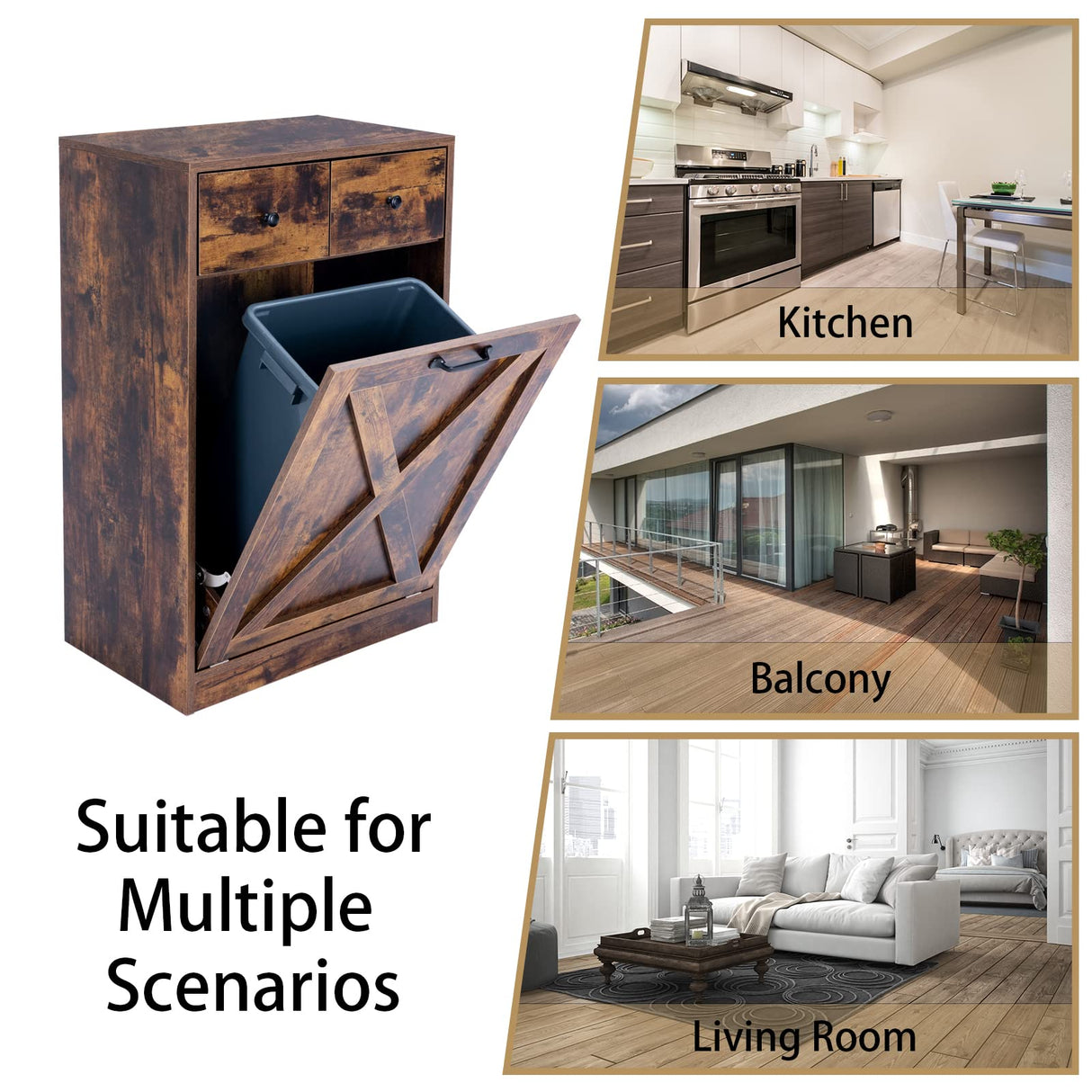 Zedesey Tilt Out Trash Cabinet with 2 Drawers Wood Hidden Kitchen Recycling Cabinet Free Standing Pet Proof Trash Can Laundry Cabinet for Kitchen, Living Room, Dining Room, Rustic Brown Zedesey