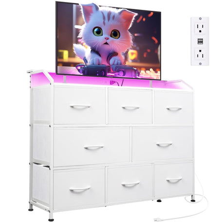 WLIVE Led Dresser for Bedroom, White Dresser TV Stand for Bedroom with LED Lights and Power Outlet, Wide Chest of Drawers for Hallway, 8 Fabric Drawers for Living Room and Entryway, Easy to Assemble WLIVE