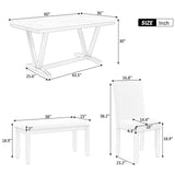 6 Piece Dining Table Set, Modern Style 6-Person Dining Table with 4 Upholstered Chairs & a Bench, Wood Kitchen Table Set for 6 Persons, White +Black Merax