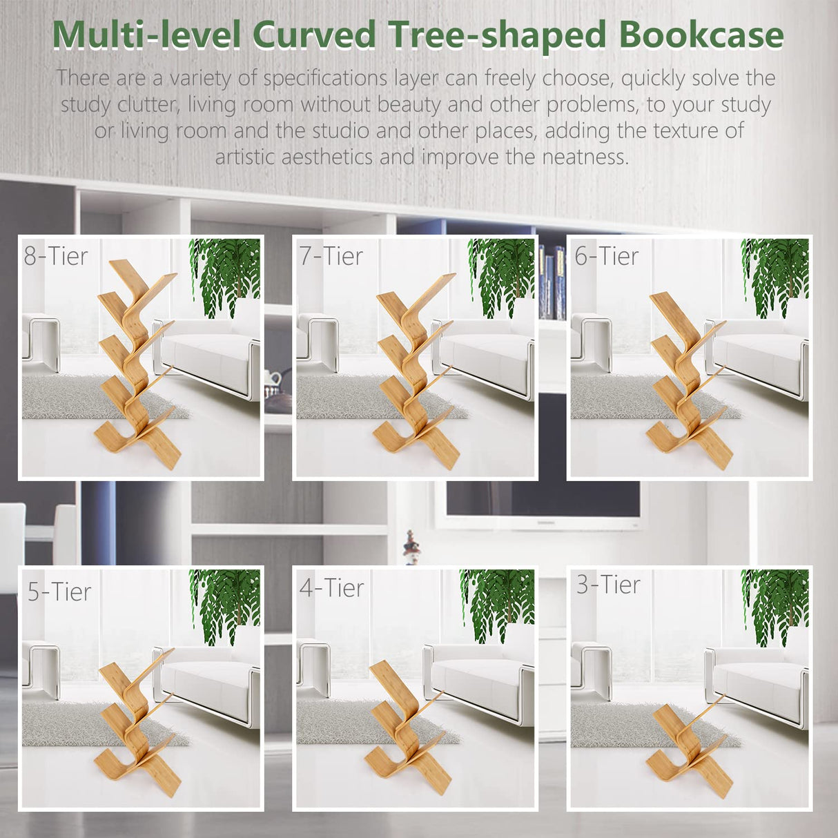 Modern Bamboo Tree Bookshelf, Creative Curved Standing Bookcases, Book Storage Organizer Shelves, Display Floor Book Shelf Space Saver Rack for Home Office Living Room Bedroom (Natural 6-Tier) briteman
