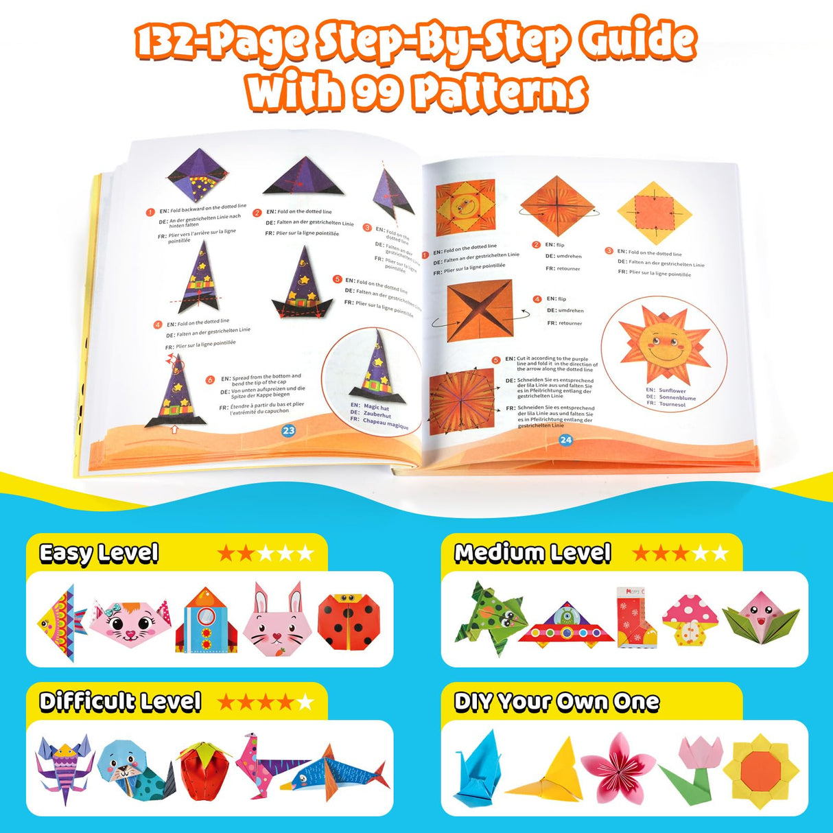 Origami Kit for Kids Ages 5-8 8-12, 260 Sheets Origami Paper with 99 Patterns and Guiding Book, Funtopia DIY Craft Art Projects Supplies for Boys Girls, Travel School Vacation Activities Toy Funtopia
