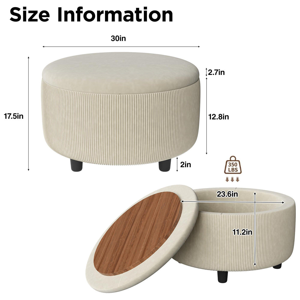 Vabches 30inch Round Storage Ottoman with Hidden Storage, Modern Ottoman Coffee Table with Removable Wood Top, Upholstered Foot Stool for Living Room, Sofa Side, Bedroom, Office (Beige, 30" W) Vabches