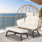 Nevsokio Double Wicker Outdoor Egg Chair,Lounge Chair with Ottoman,Oversized Patio Chair with Footrests,Cushions, Outdoor Indoor Rattan Chair (Rope, White) Nevsokio