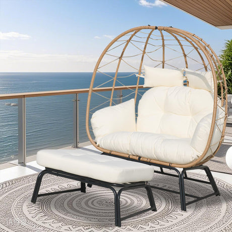 Nevsokio Double Wicker Outdoor Egg Chair,Lounge Chair with Ottoman,Oversized Patio Chair with Footrests,Cushions, Outdoor Indoor Rattan Chair (Rope, White) Nevsokio